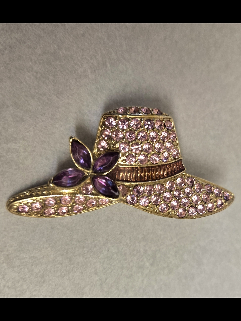 Monet Gold-Tone Hat Brooch with Pink and Purple Rhinestones Vintage Retro Brooch